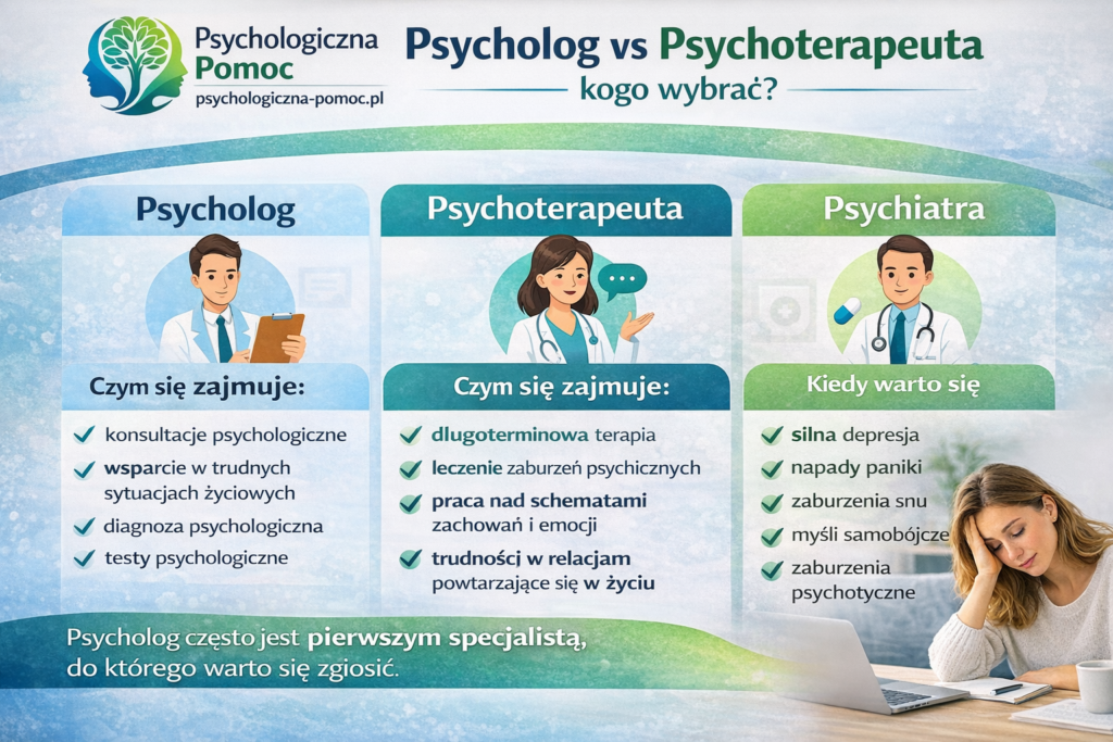 Psycholog vs psychoterapeuta vs psychiatra — kogo wybrać?Psycholog vs psychoterapeuta vs psychiatra — kogo wybrać?
